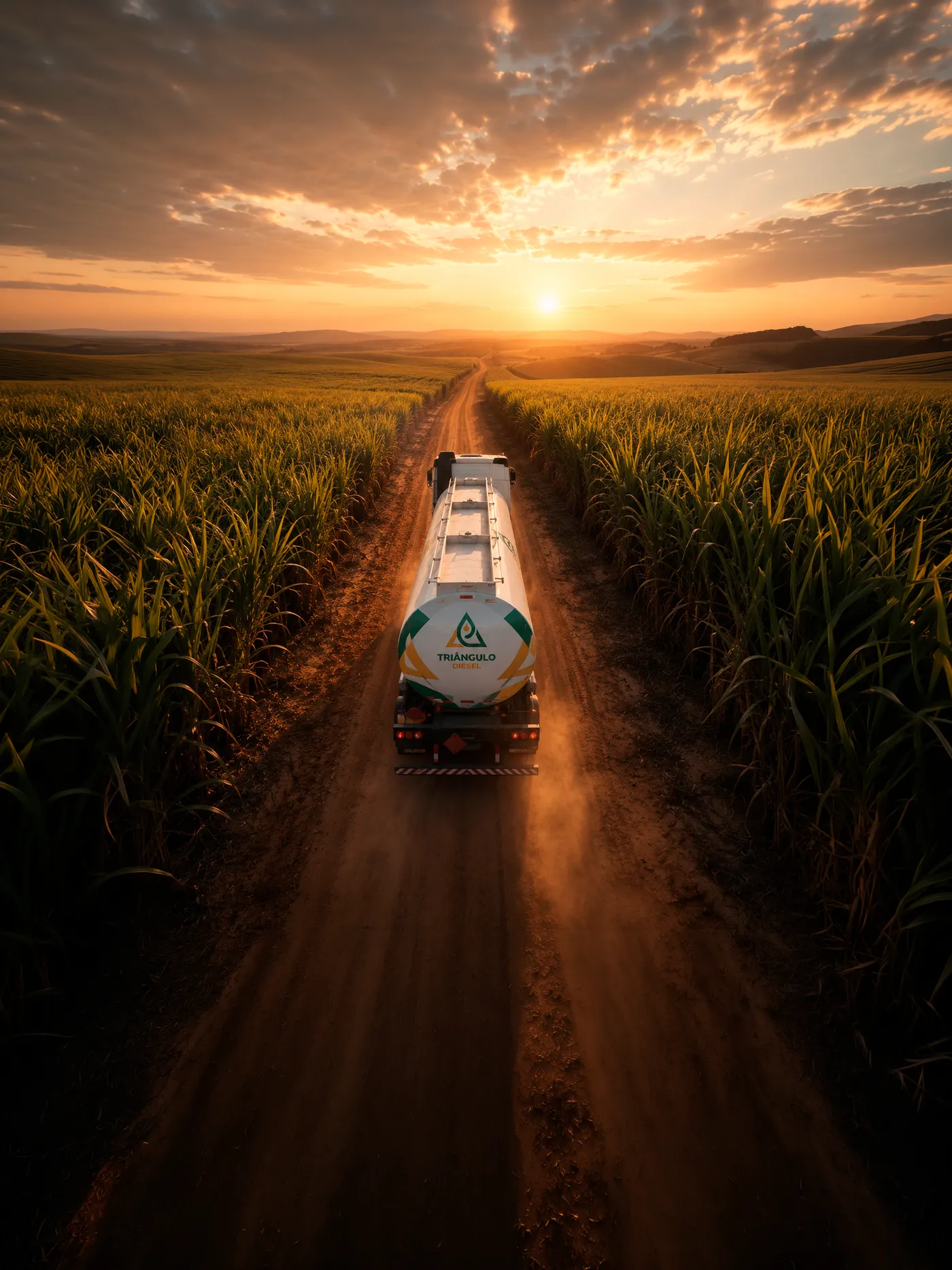 Caminhão-tanque da Triângulo Diesel em estrada rural entre canaviais ao pôr do sol